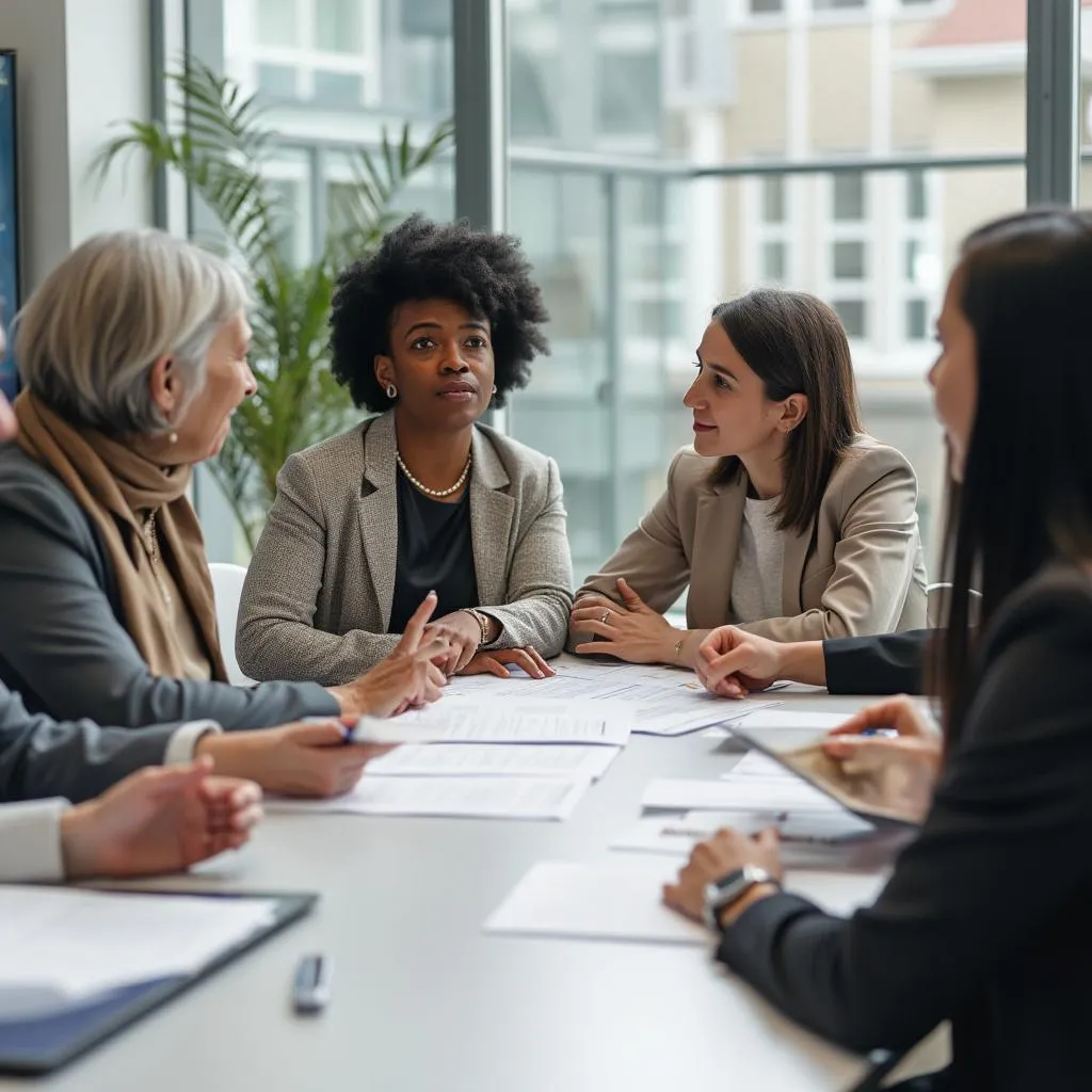 Diverse group in coaching session with legal documents